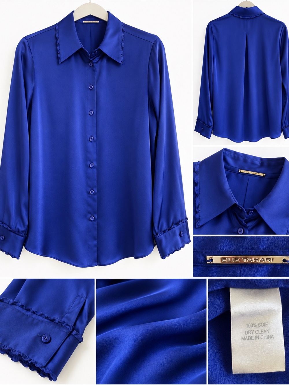 Elie Tahari 100% Silk Cobalt Blue Button Down Blouse M